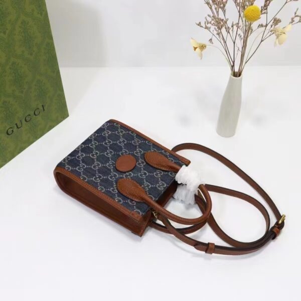 Gucci Unisex Mini Tote Bag Interlocking G Blue Ivory GG Denim Jacquard (5)