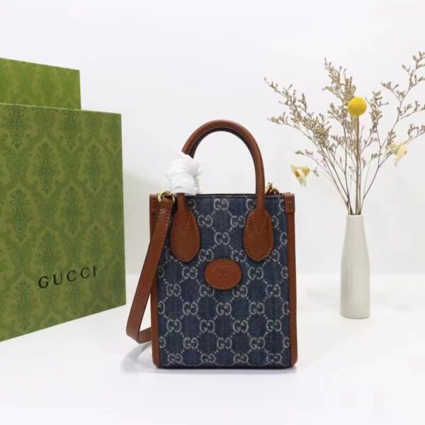 Gucci Unisex Mini Tote Bag Interlocking G Blue Ivory GG Denim Jacquard (8)