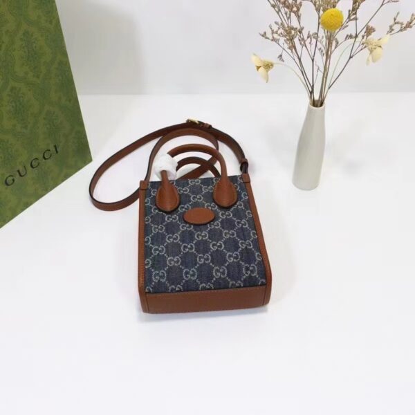 Gucci Unisex Mini Tote Bag Interlocking G Blue Ivory GG Denim Jacquard (9)