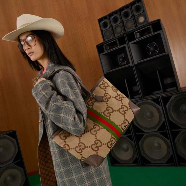 Gucci Unisex Ophidia Jumbo GG Medium Tote Camel Ebony Canvas Double G (11)
