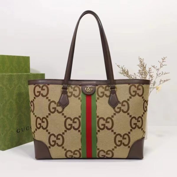 Gucci Unisex Ophidia Jumbo GG Medium Tote Camel Ebony Canvas Double G (2)