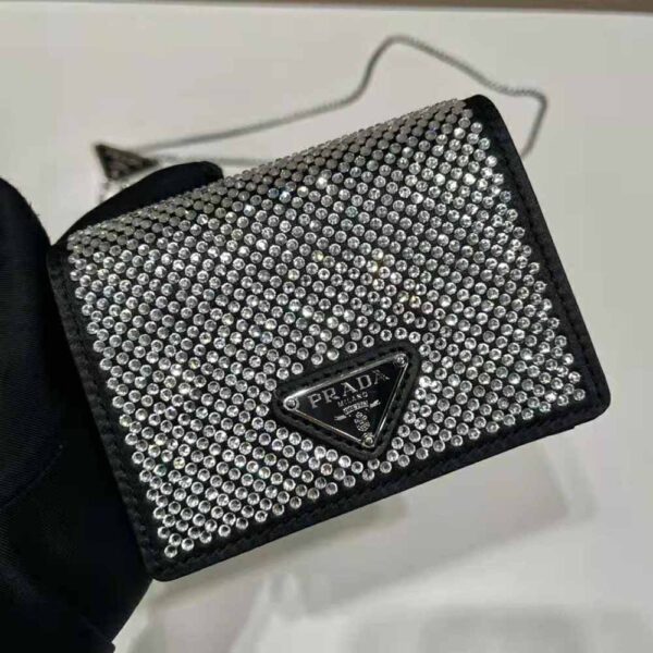 Prada Women Crystal-Studded Card Holder with Shoulder Strap-Black (7)