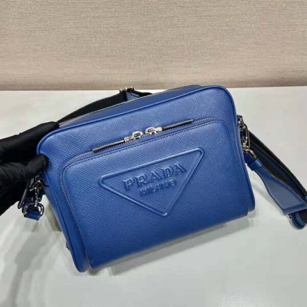 Prada Women Saffiano Leather Shoulder Bag With Iconic Prada Material-Navy (4)