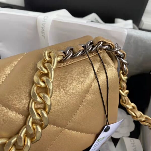 Chanel CC Women 19 Handbag Metallic Lambskin Gold Silver Tone Gold Bag (1)