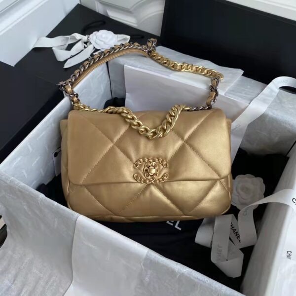 Chanel CC Women 19 Handbag Metallic Lambskin Gold Silver Tone Gold Bag (2)
