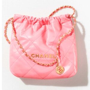 Chanel Women 22 Small Handbag Shiny Calfskin Gold-Tone Metal Coral Pink