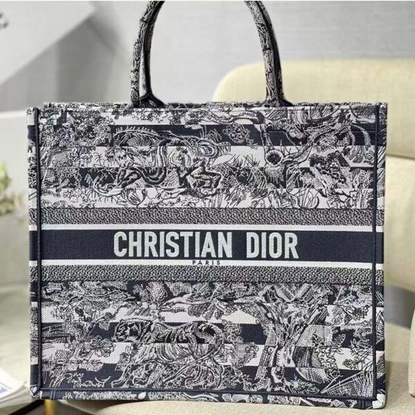 Dior Women CD Large Book Tote Navy Blue Toile De Jouy Stripes Embroidery (10)