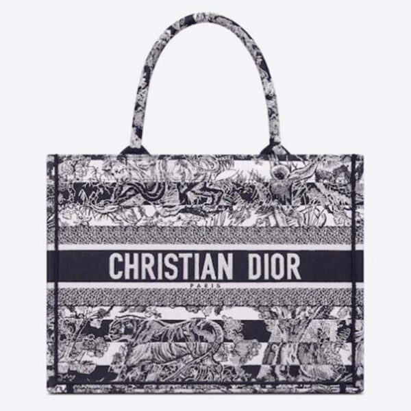 Dior Women CD Medium Book Tote Navy Blue Toile De Jouy Stripes Embroidery (9)