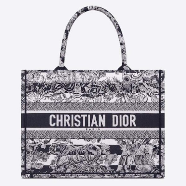 Dior Women CD Medium Book Tote Navy Blue Toile De Jouy Stripes Embroidery (9)