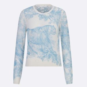 Dior Women Chez Moi Embroidered Sweater Cornflower Blue Technical Cashmere Knit