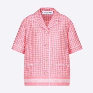 Dior Women Chez Moi Short-Sleeved Shirt Peony Pink Silk Twill with Micro Houndstooth Motif