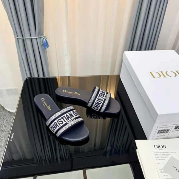 Dior Women Dway Slide Black Cotton Embroidery with Metallic Thread and Silver-Tone Strass (6)
