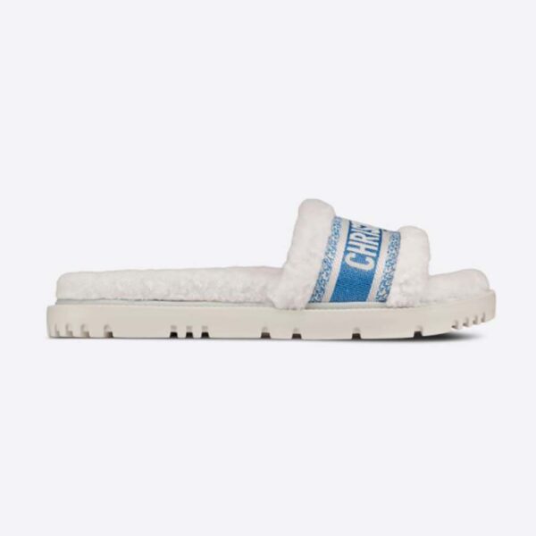 Dior Women Dway Slide Cornflower Blue Embroidered Cotton and White Shearling (1)