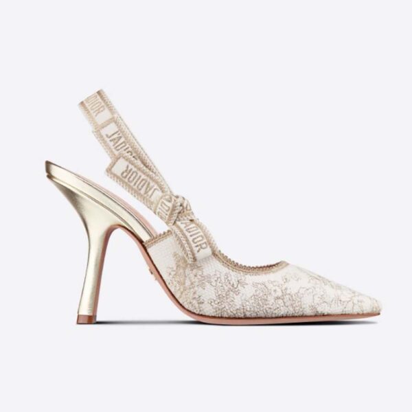 Dior Women J adior Slingback Pump White and Gold-Tone Toile de Jouy Embroidered Cotton (1)