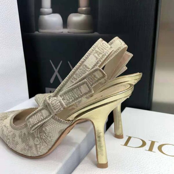 Dior Women J adior Slingback Pump White and Gold-Tone Toile de Jouy Embroidered Cotton (6)