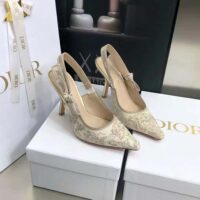 Dior Women J adior Slingback Pump White and Gold-Tone Toile de Jouy Embroidered Cotton (1)