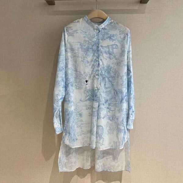 Dior Women Long Blouse Cornflower Blue Cotton Voile with Toile de Jouy Motif (5)