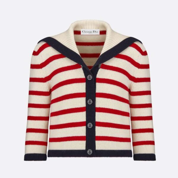 Dior Women Mariniere Cardigan Red and Ecru D-Stripes Ribbed Wool and Cashmere Knit (1)