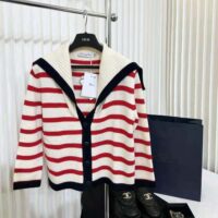 Dior Women Mariniere Cardigan Red and Ecru D-Stripes Ribbed Wool and Cashmere Knit (1)