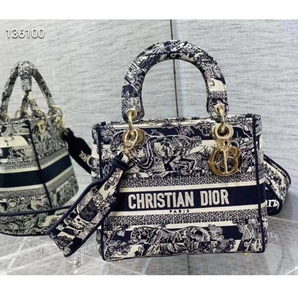 Dior Women Medium Lady D-Lite Bag Navy Blue Toile de Jouy Stripes Embroidery (3)