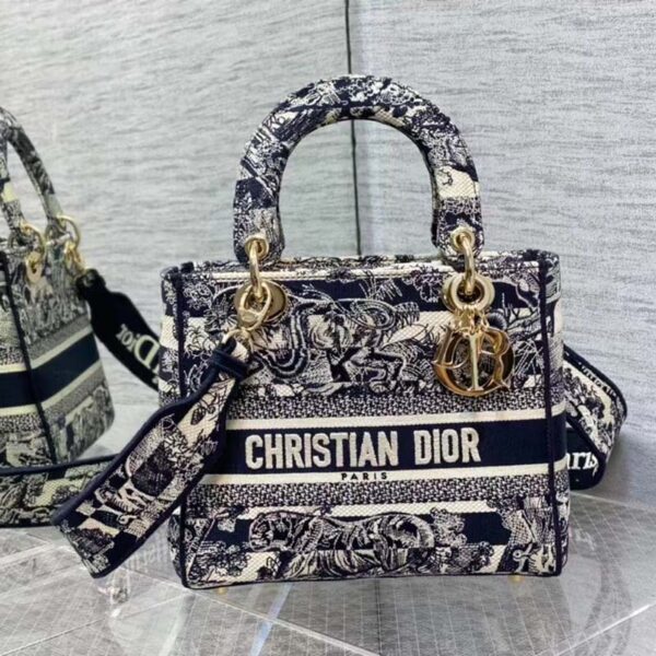 Dior Women Medium Lady D-Lite Bag Navy Blue Toile de Jouy Stripes Embroidery (8)