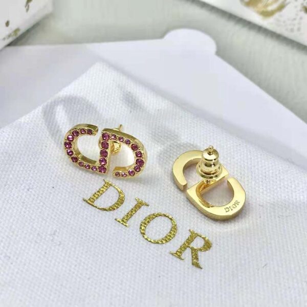 Dior Women Petit CD Stud Earrings Gold-Finish Metal and Light Pink Crystals (4)