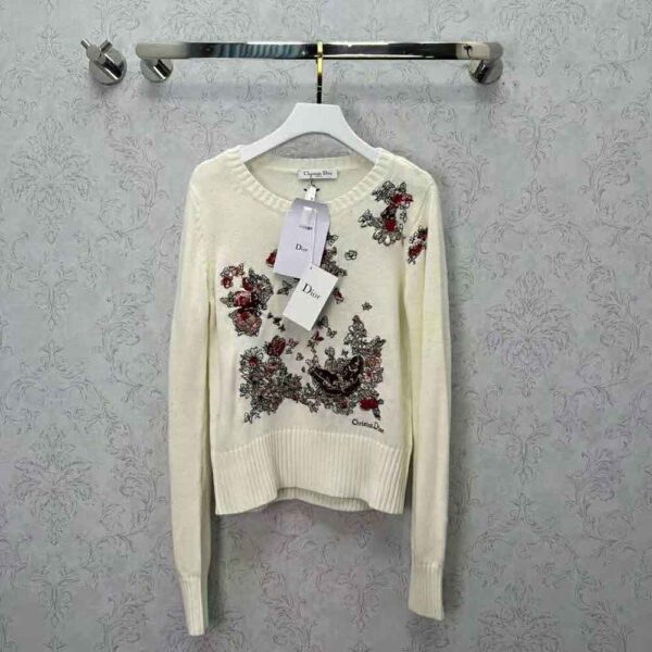 Dior Women Sweater White Cashmere with Multicolor Butterfly Motif (2)