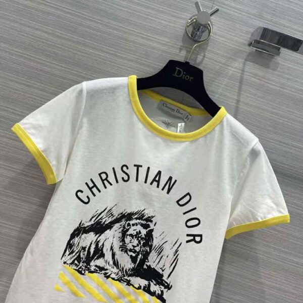 Dior Women T-shirt White Cotton Jersey with Fluorescent Yellow D-Jungle Pop Motif (3)