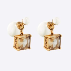 Dior Women Tribales Earrings Antique Gold-Finish Metal with White Resin Pearls and Citrine