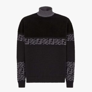 Fendi Men Black wool Sweater with High Collar and Long Sleeves