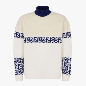 Fendi Men White wool Sweater with High Collar and Long Sleeves