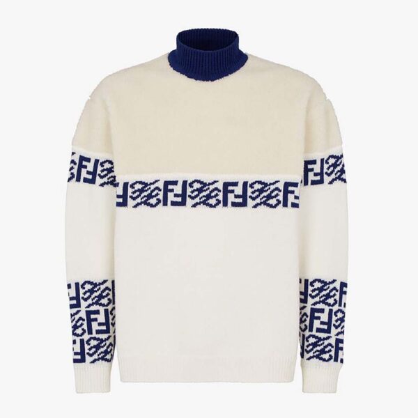 Fendi Men White wool Sweater with High Collar and Long Sleeves (1)