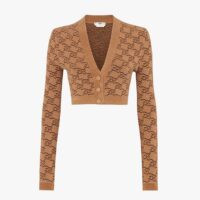 Fendi Women Beige Velvet and Viscose Cardigan with V Neck and Ribbed Edges (1)