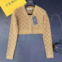 Fendi Women Beige Velvet and Viscose Cardigan with V Neck and Ribbed Edges (1)