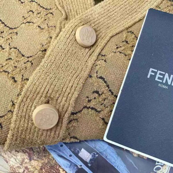 Fendi Women Beige Velvet and Viscose Cardigan with V Neck and Ribbed Edges (5)