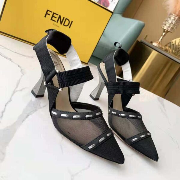 Fendi Women Colibri Black Mesh High-Heel Slingbacks with Metal Stitches (2)