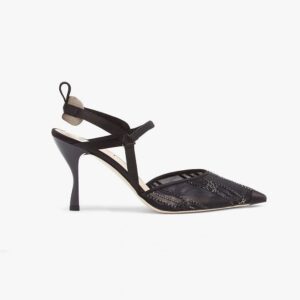 Fendi Women Colibri Black Mesh High-Heeled Slingbacks with Rhinestone Embroidery