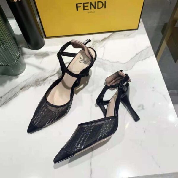 Fendi Women Colibri Black Mesh High-Heeled Slingbacks with Rhinestone Embroidery (4)