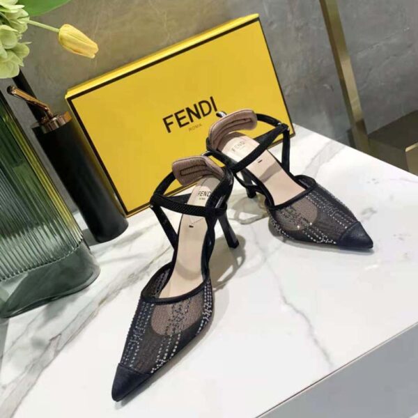 Fendi Women Colibri Black Mesh High-Heeled Slingbacks with Rhinestone Embroidery (5)