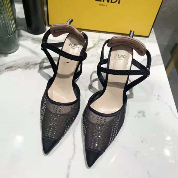 Fendi Women Colibri Black Mesh High-Heeled Slingbacks with Rhinestone Embroidery (6)