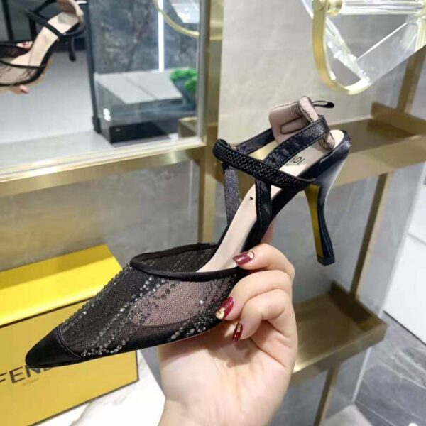 Fendi Women Colibri Black Mesh High-Heeled Slingbacks with Rhinestone Embroidery (7)