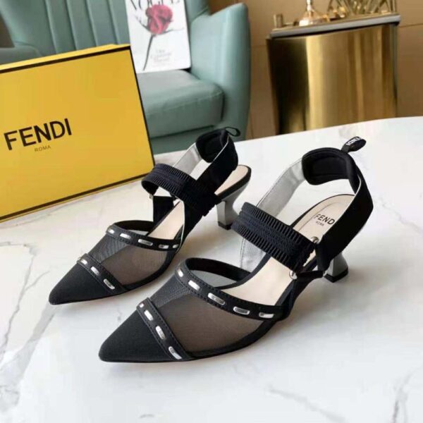 Fendi Women Colibri Black Mesh Medium-Heel Slingbacks with Metal Stitches (2)