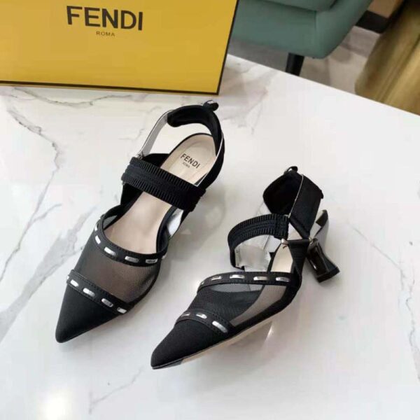 Fendi Women Colibri Black Mesh Medium-Heel Slingbacks with Metal Stitches (3)