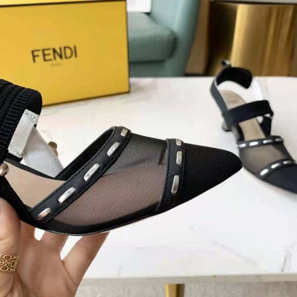 Fendi Women Colibri Black Mesh Medium-Heel Slingbacks with Metal Stitches (7)