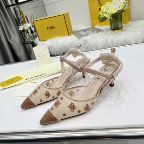 Fendi Women Colibri Lite Beige mesh and FF Karligraphy Medium-Heel Slingbacks (2)