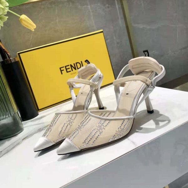 Fendi Women Colibri Pink Mesh High-Heeled Slingbacks with Rhinestone Embroidery (3)