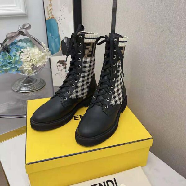 Fendi Women Rockoko Black Leather Biker Boots with Stretch Fabric (4)