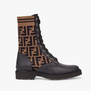 Fendi Women Rockoko Black/Brown Leather Biker Boots with Stretch Fabric