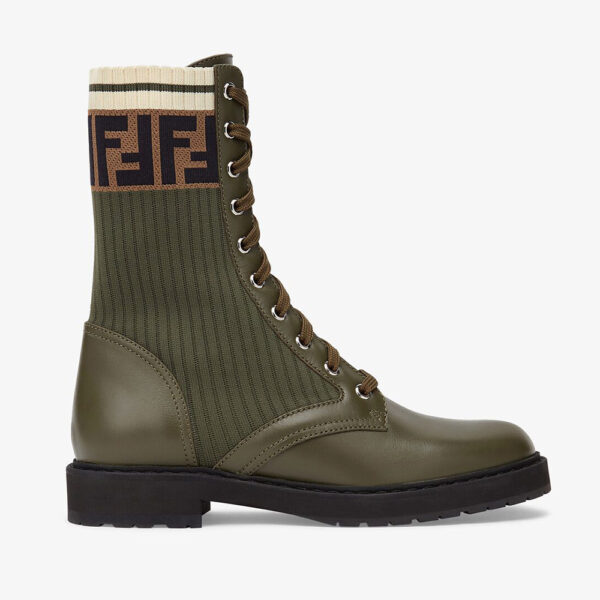 Fendi Women Rockoko Green Leather Biker Boots with Sstretch Fabric (1)