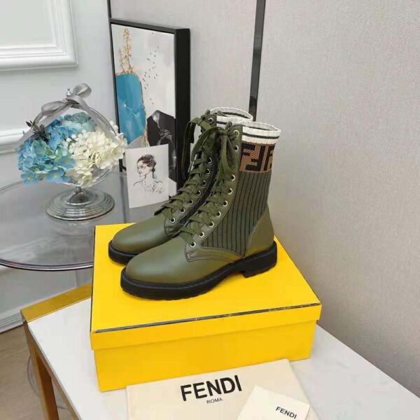 Fendi Women Rockoko Green Leather Biker Boots with Sstretch Fabric (2)